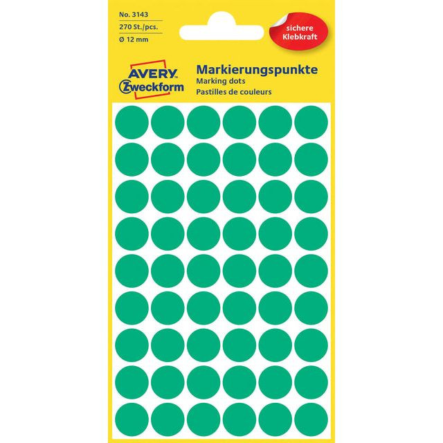 Etiket Avery Zweckform 3143 rond 12mm groen 270stuks | Pak a 5 vel