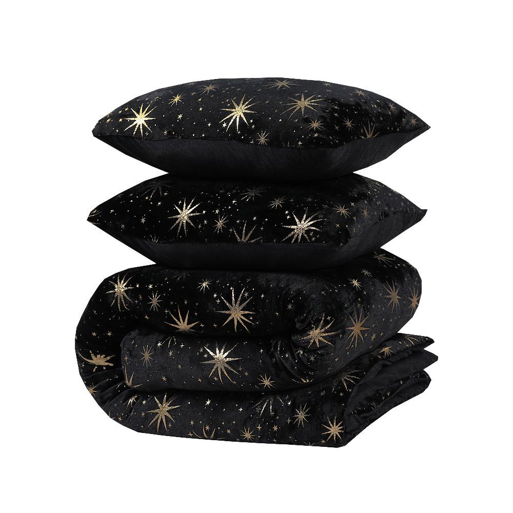 RoyalTextile - Glamour Stars Foil Dekbedovertrek Flanel - Zwart - 240 x 220