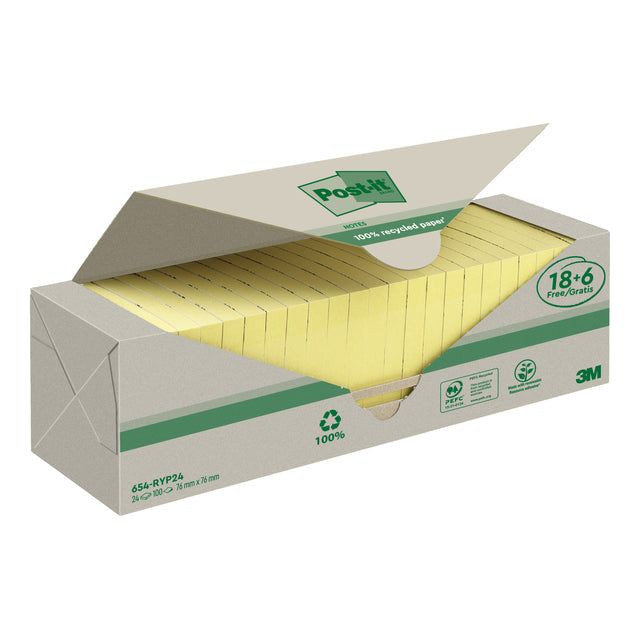 Memoblok 3m post-it 654 76x76mm recycle geel 18+6 | 6 stuks