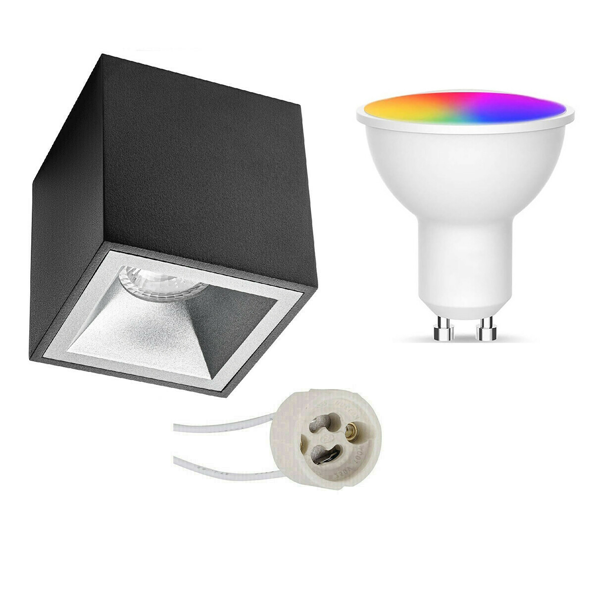 Opbouwspot Set GU10 - Facto - Smart LED - Wifi LED - Slimme LED - 5W - RGB+CCT - Aanpasbare Kleur - Dimbaar - Pragmi Cliron Pro - Opbouw Vierkant - Mat Zwart/Zilver - Verdiept - 90mm