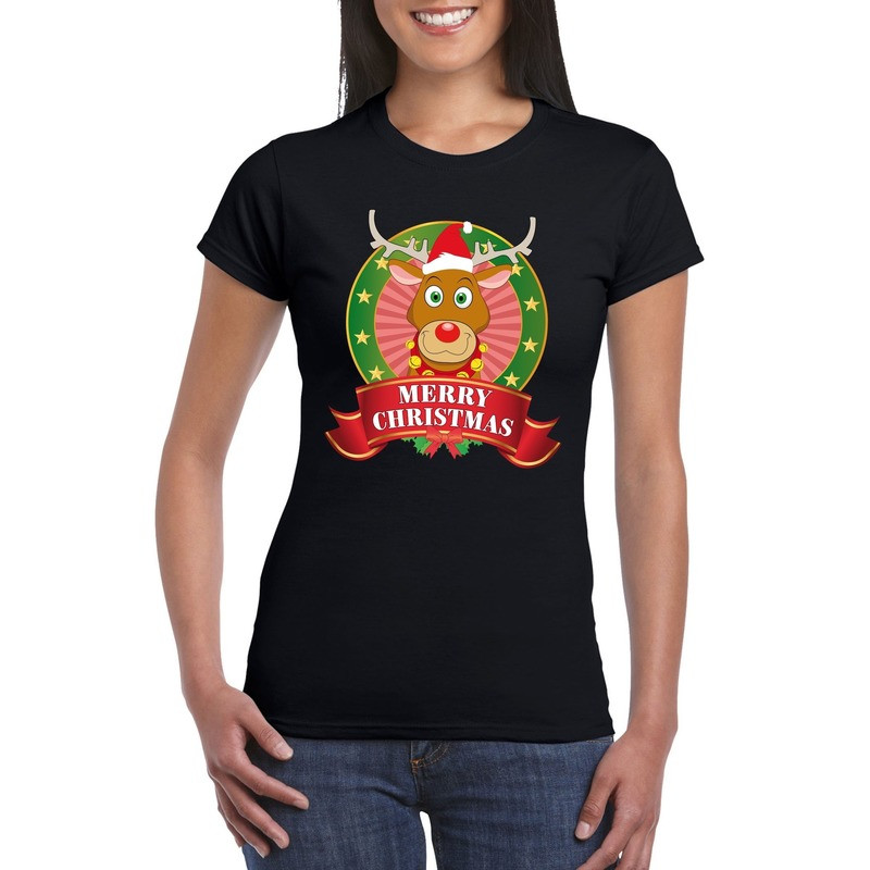 Rudolf Kerst t-shirt zwart Merry Christmas voor dames