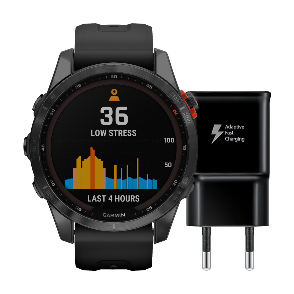 Garmin Fenix 7S Solar Zwart 42mm + Samsung Adaptive Fast Charging Oplader met Usb A Poort