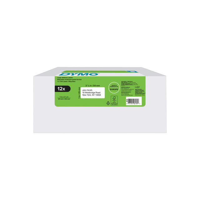 Dymo etiketten LabelWriter ft 25 x 54 mm, wit, doos van 12 x 500 etiketten