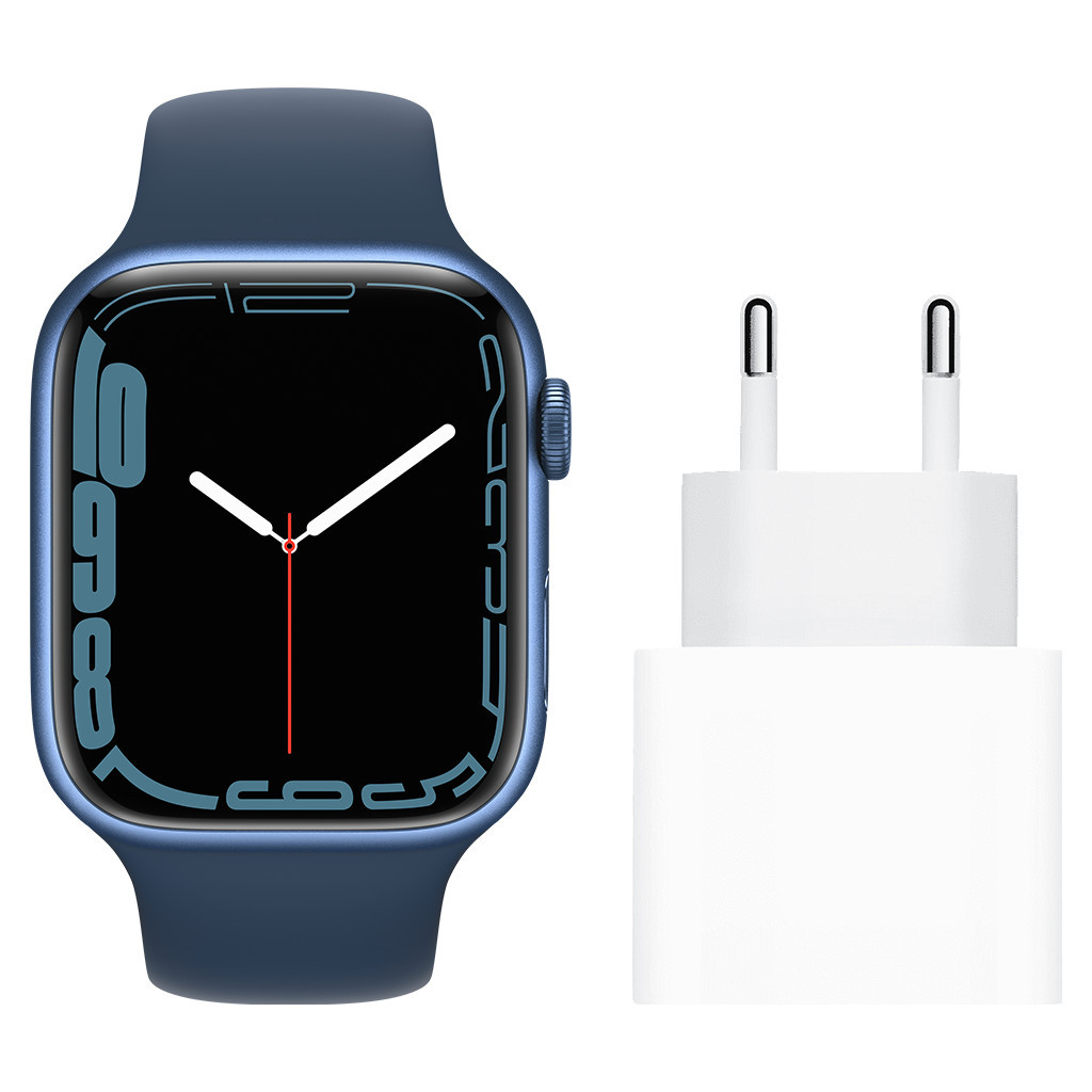 Apple Watch Series 7 4G 45mm Blauw Aluminium Blauwe Sportband + Apple Usb C Oplader 20W