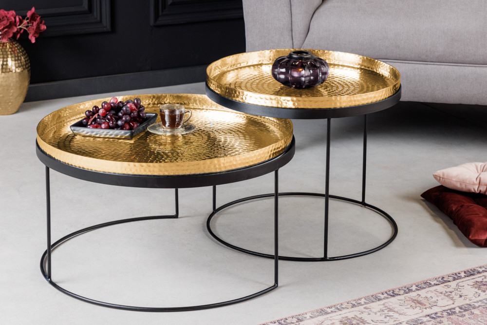 Set van 2 ronde salontafels ELEMENTS ÃƒÆ'Ã‹Å“60cm goud zwart metalen dienblad tafel bijzettafel handgemaakt - 42730