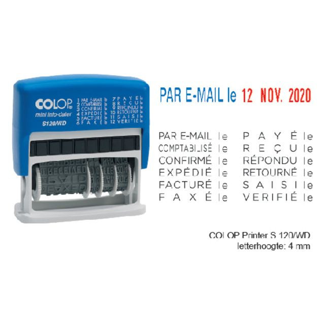 Colop tekststempel met datum Mini-Info Dater woorden: par e-mail le, comptabilisé le, confirmé le, exp...