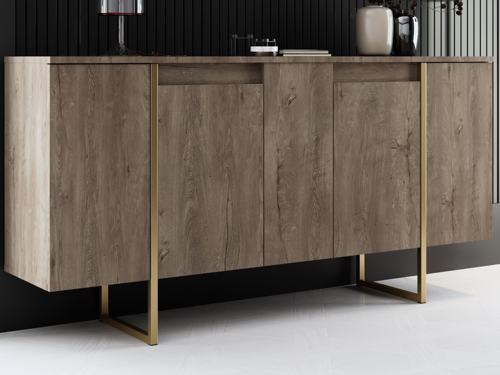 Dressoir LUXANA 4 deuren walnoot/goud