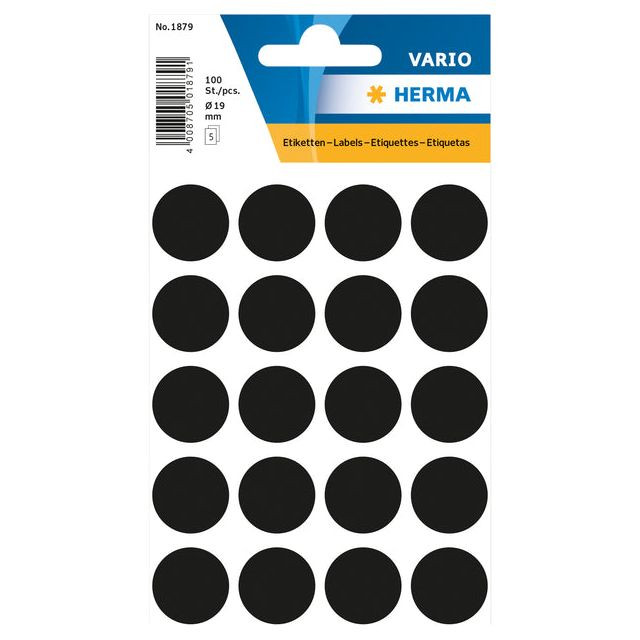 Etiket HERMA 1879 rond 19mm zwart 100stuks | Blister a 5 vel