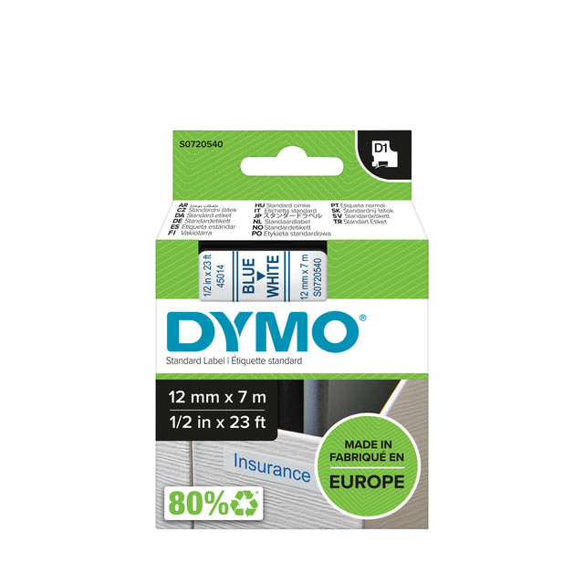 Labeltape Dymo 45014 D1 720540 12mmx7m blauw op wit | 1 stuk