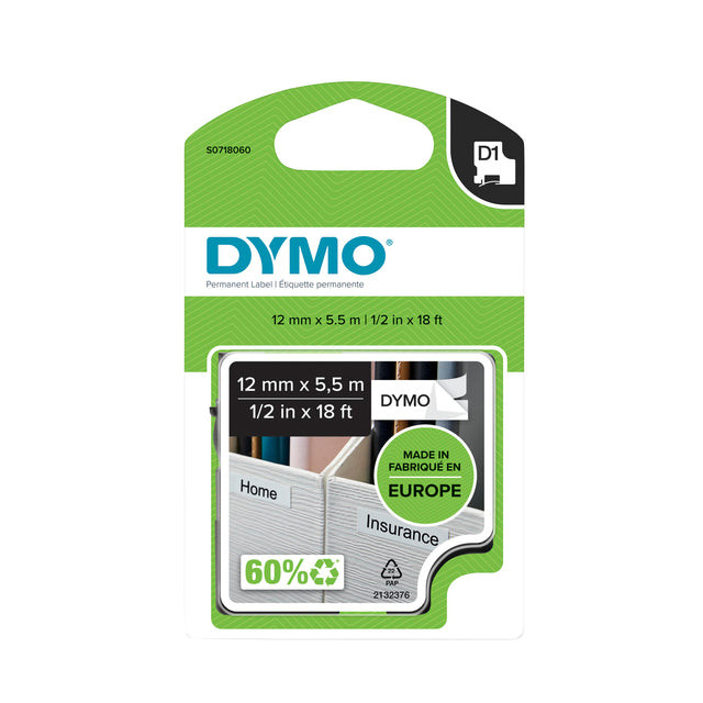 Labeltape Dymo 16955 D1 718060 12mmx5.5m poly zwart op wit | 1 stuk