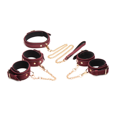 XR Brands 6-Piece Velvet Burgundy Bondage Set with Cuffs, Collar and Belt