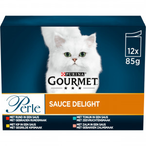 Gourmet Perle Sauce Delight met rund/kip/tonijn/zalm nat kattenvoer 85g zakje 4 x (12 x 85 g)