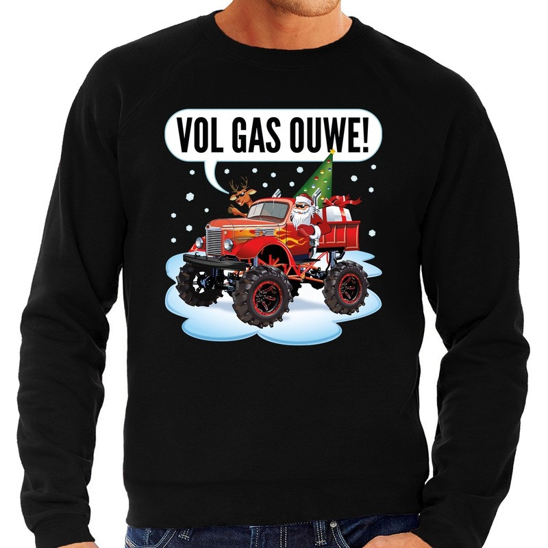 Foute Kersttrui monstertruck santa zwart voor heren