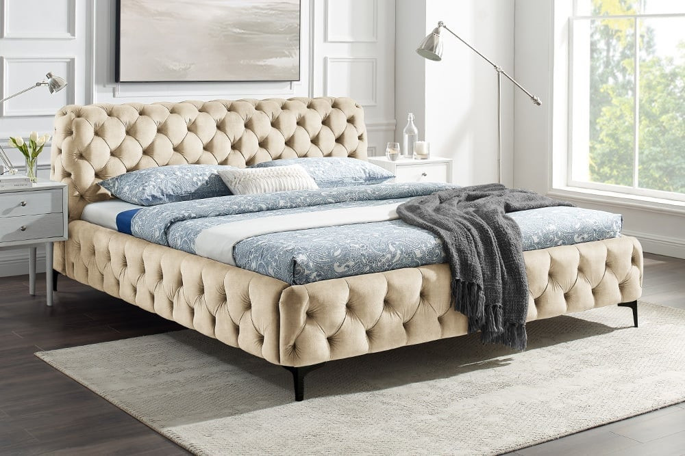 Design tweepersoonsbed MODERN BAROK 180x200cm champagne gestructureerd fluweel Chesterfield - 43256