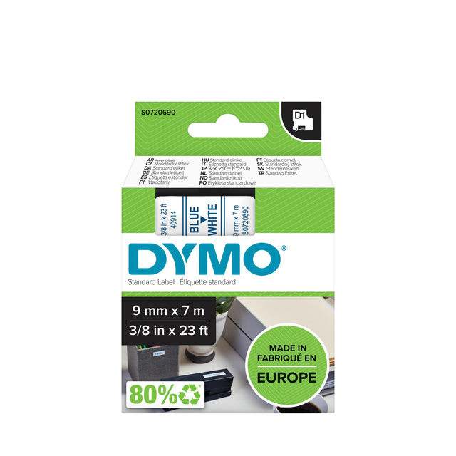 Dymo D1 tape 9 mm, blauw op wit