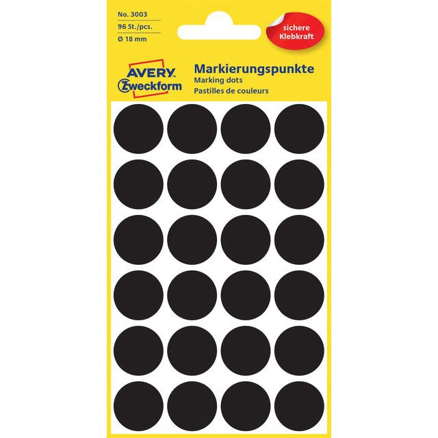 Etiket Avery Zweckform 3003 rond 18mm zwart 96stuks | Pak a 4 vel