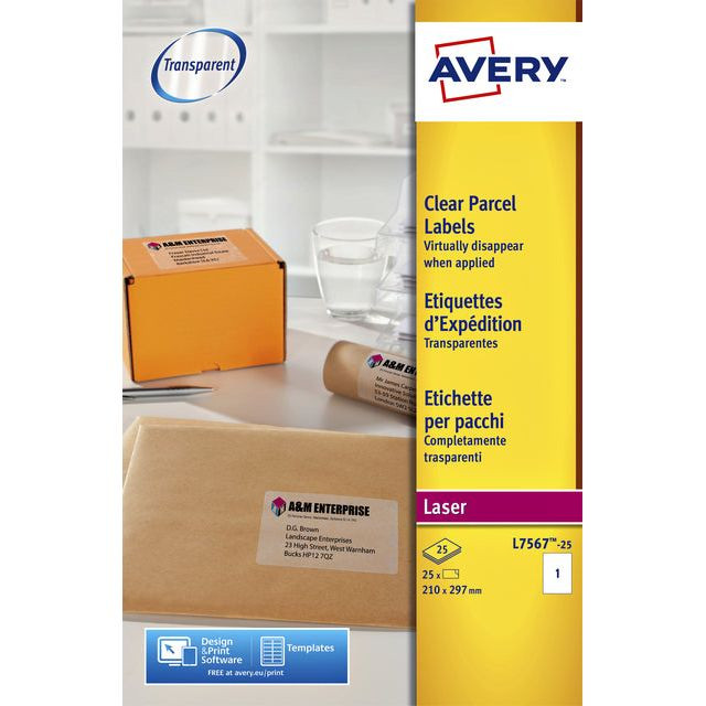 Etiket Avery L7567-25 210x297mm transparant 25stuks | Pak a 25 vel