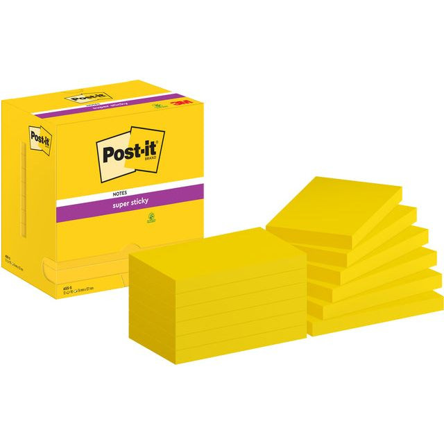 Post-it Super Sticky notes, 90 vel, ft 76 x 127 mm, pak van 12 blokken, neongeel