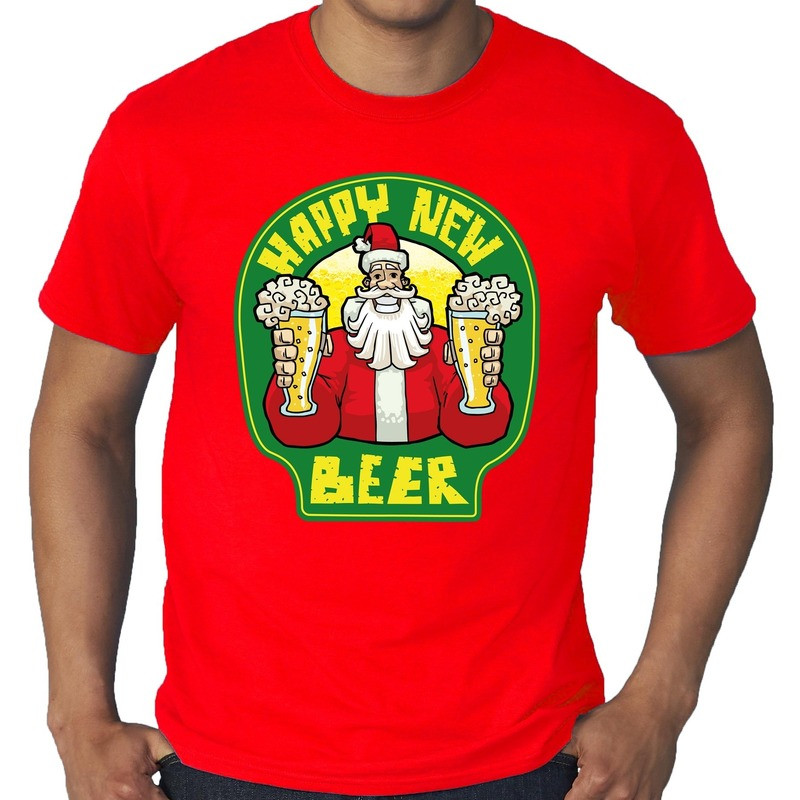 Grote maten nieuwjaar shirt happy new beer / bier rood heren