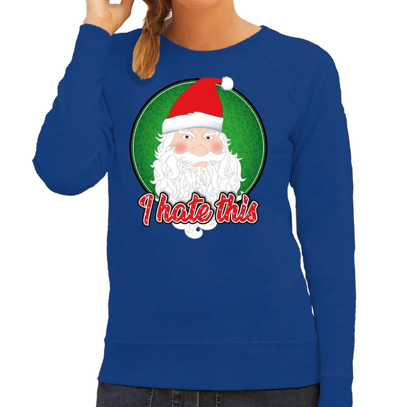 Foute Kersttrui I hate this blauw voor dames