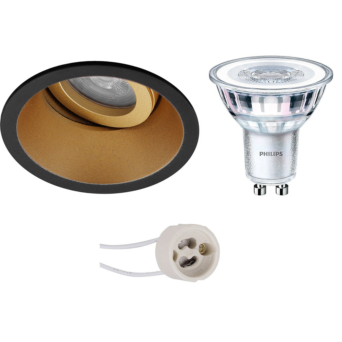 LED Spot Set - Pragmi Zano Pro - GU10 Fitting - Inbouw Rond - Mat Zwart/Goud - Kantelbaar - Ø93mm - Philips - CorePro 827 36D - 4W - Warm Wit 2700K - Dimbaar