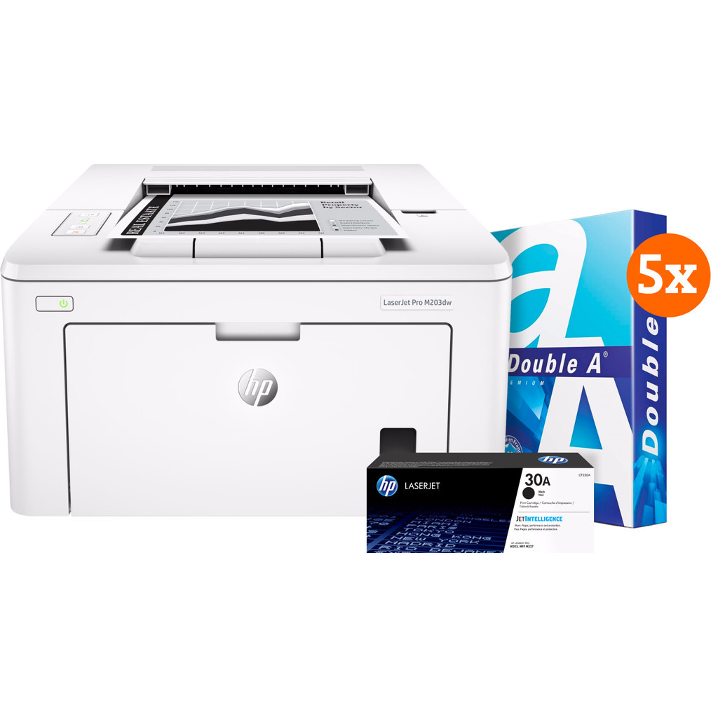 HP LaserJet M203dw + 1 extra zwarte toner + 2.500 vellen A4 papier