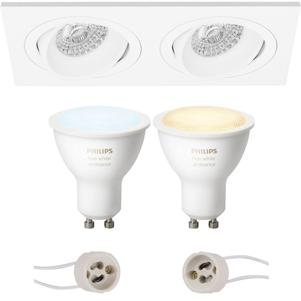 Pragmi Borny Pro - Inbouw Rechthoek Dubbel - Mat Wit - Kantelbaar - 175x92mm - Philips Hue - LED Spot Set GU10 - White Ambiance - Bluetooth