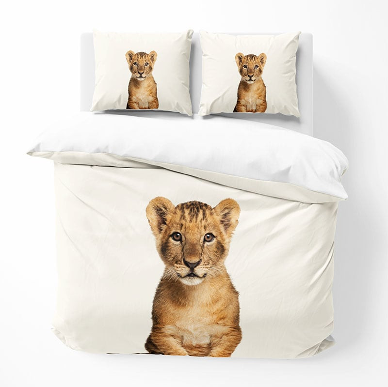 Dekbedovertrek Lion - Eenpersoons (140x200 cm) - Wit & Bruin Polyester-katoen - Dessin: Dieren - DLC - Dekbed-Discounter.nl