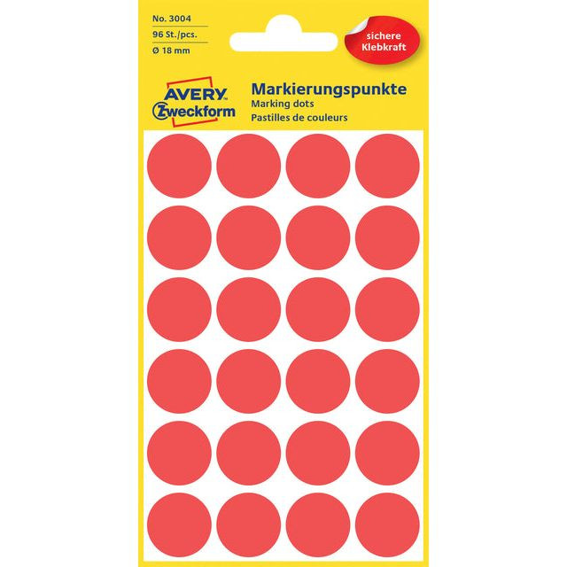 Etiket Avery Zweckform 3004 rond 18mm rood 96stuks | 10 stuks