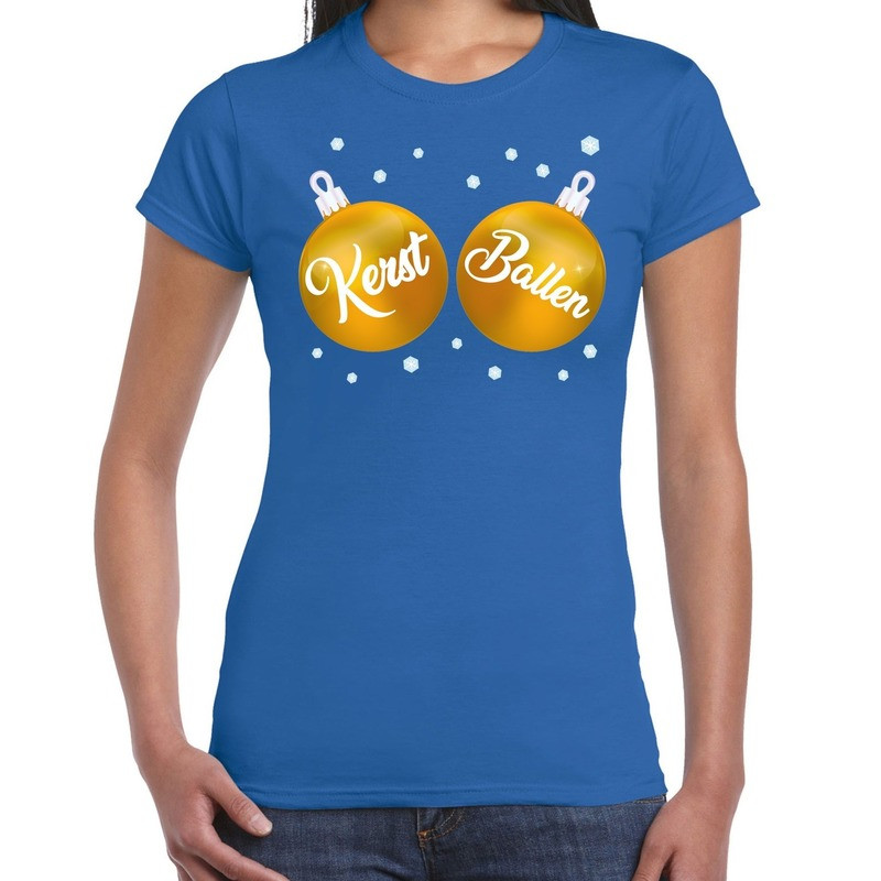 Fout kerst t-shirt blauw met gouden kerst ballen voor dames