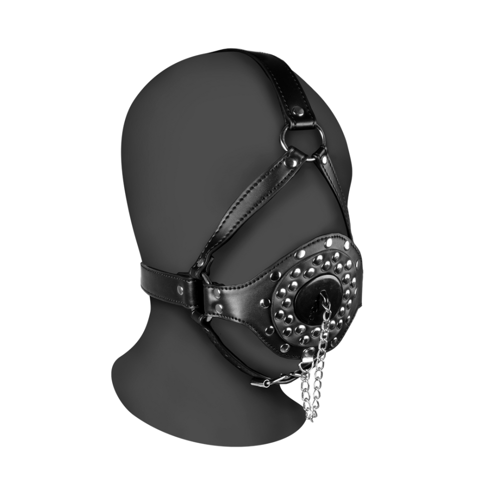 Ouch! by Shots Open Mouth Gag Head Harness with Plug Stopper - Black