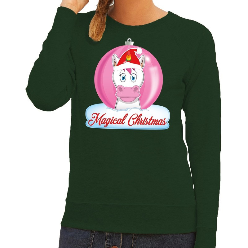 Foute kersttrui eenhoorn magical christmas groene dames sweater