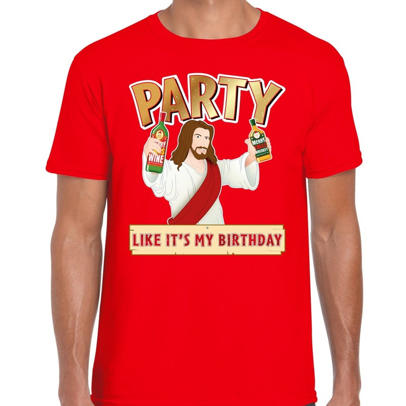 Fout kerst t-shirt rood met party Jezus voor heren