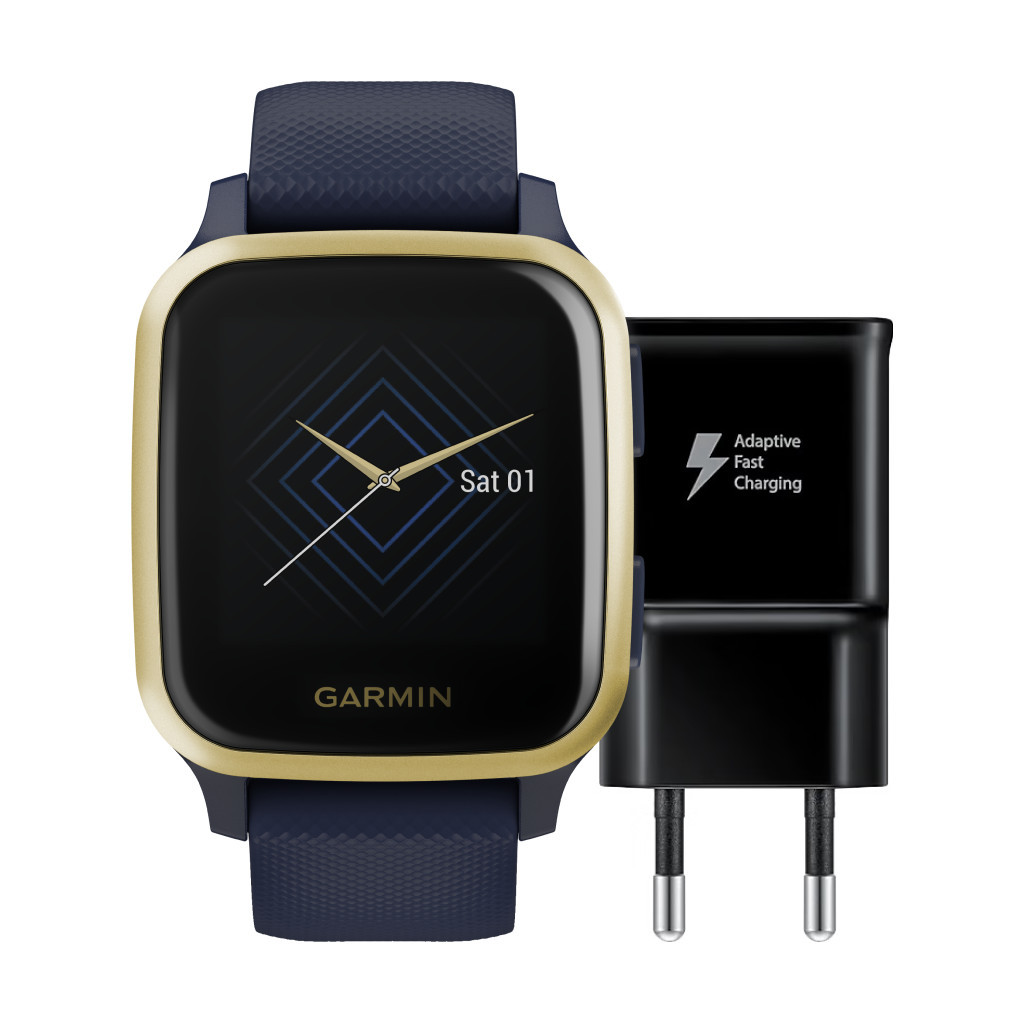 Garmin Venu Sq Music Blauw/Goud + Samsung Adaptive Fast Charging Oplader met Usb A Poort