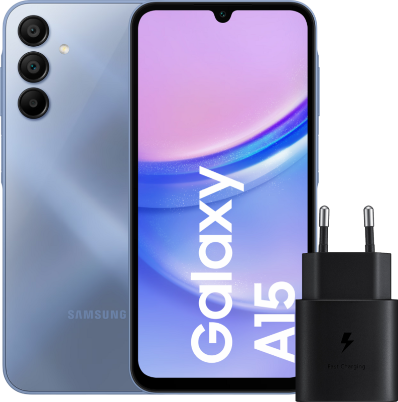 Samsung Galaxy A15 128GB Blauw 5G + Samsung Oplader 25 Watt Zwart