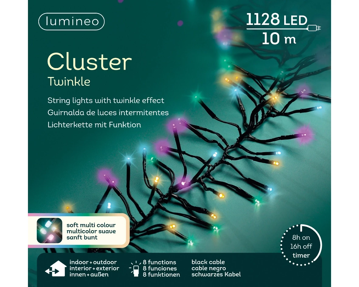 Lumineo cluster lights 10m 1128led zwart/soft multi colour