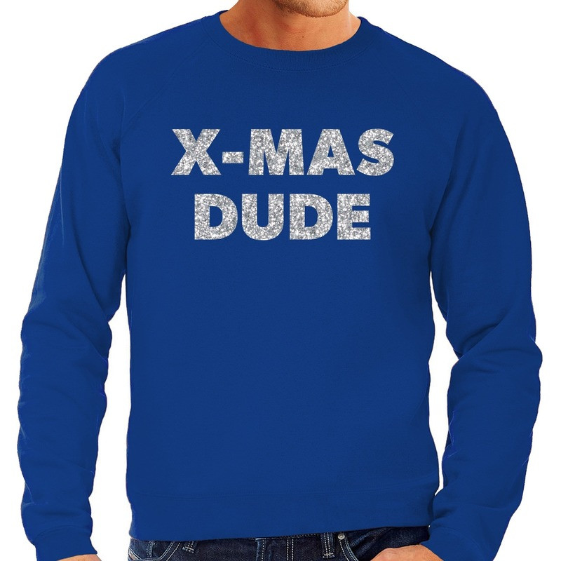 Foute Kersttrui x-mas dude zilveren glitter letters blauw heren