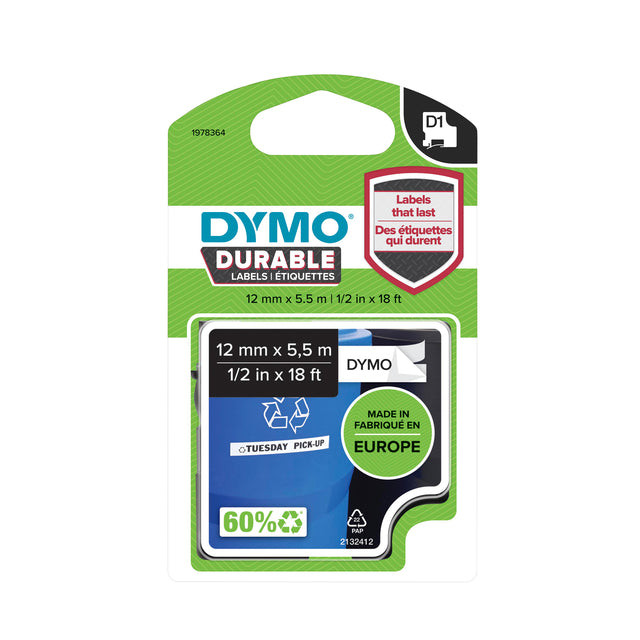 Dymo duurzame D1 tape 12 mm x 5 m, zwart op wit