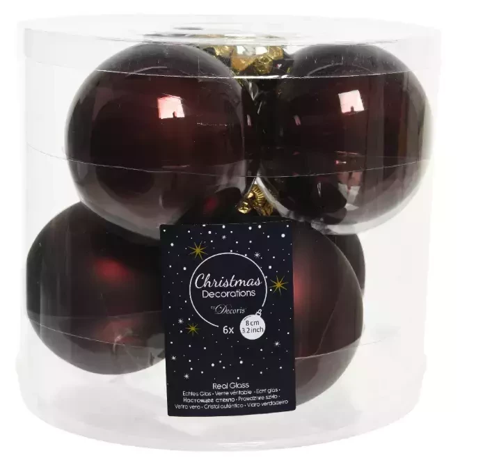 Decoris kerstballen glas 6st mahonie 8cm