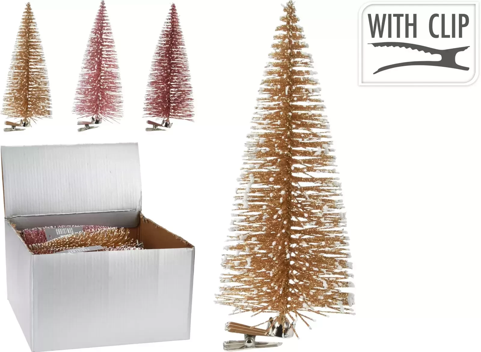 Element Kerstboom op knijper 7cm 3 assorti - Roze, Goud, Rood - 1 stuk