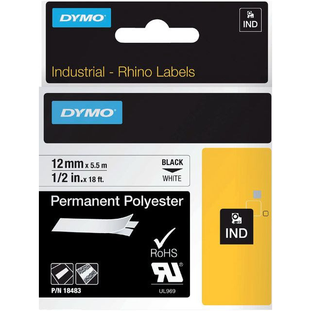 Labeltape Dymo Rhino 18483 polyester 12mmx5.5m zwart op wt