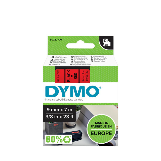 Dymo D1 tape 9 mm, zwart op rood