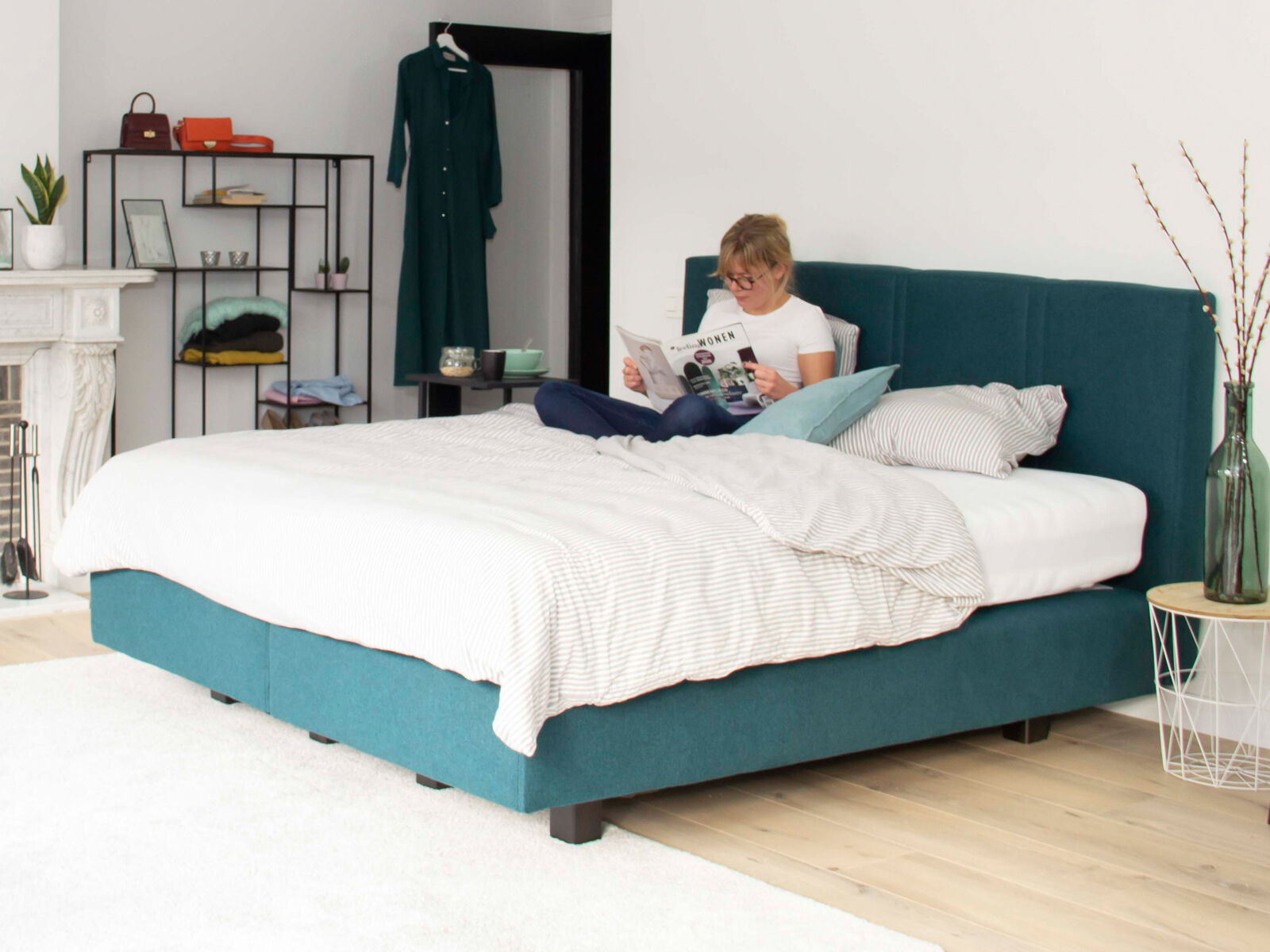 Boxspring PASSION 180x200 cm stof appelblauwzeegroen met matras