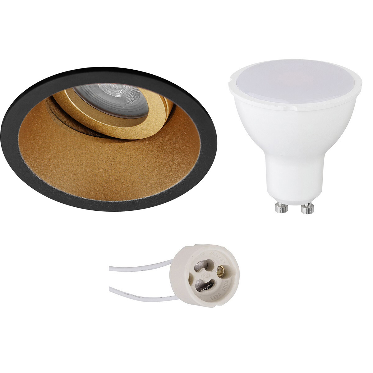 LED Spot Set - Pragmi Zano Pro - GU10 Fitting - Inbouw Rond - Mat Zwart/Goud - 4W - Natuurlijk Wit 4200K - Kantelbaar - Ø93mm