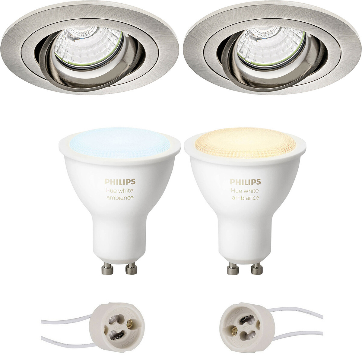 Pragmi Alpin Pro - Inbouw Rond - Mat Nikkel - Kantelbaar - Ø92mm - Philips Hue - LED Spot Set GU10 - White Ambiance - Bluetooth