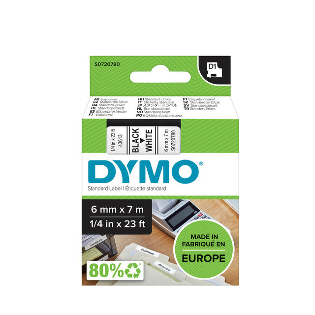 Labeltape Dymo 43613 D1 720780 6mmx7m zwart op wit | 5 stuks