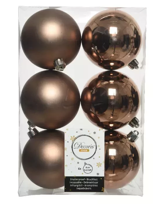 Decoris kerstballen plastic set walnoot bruin 8cm 6st