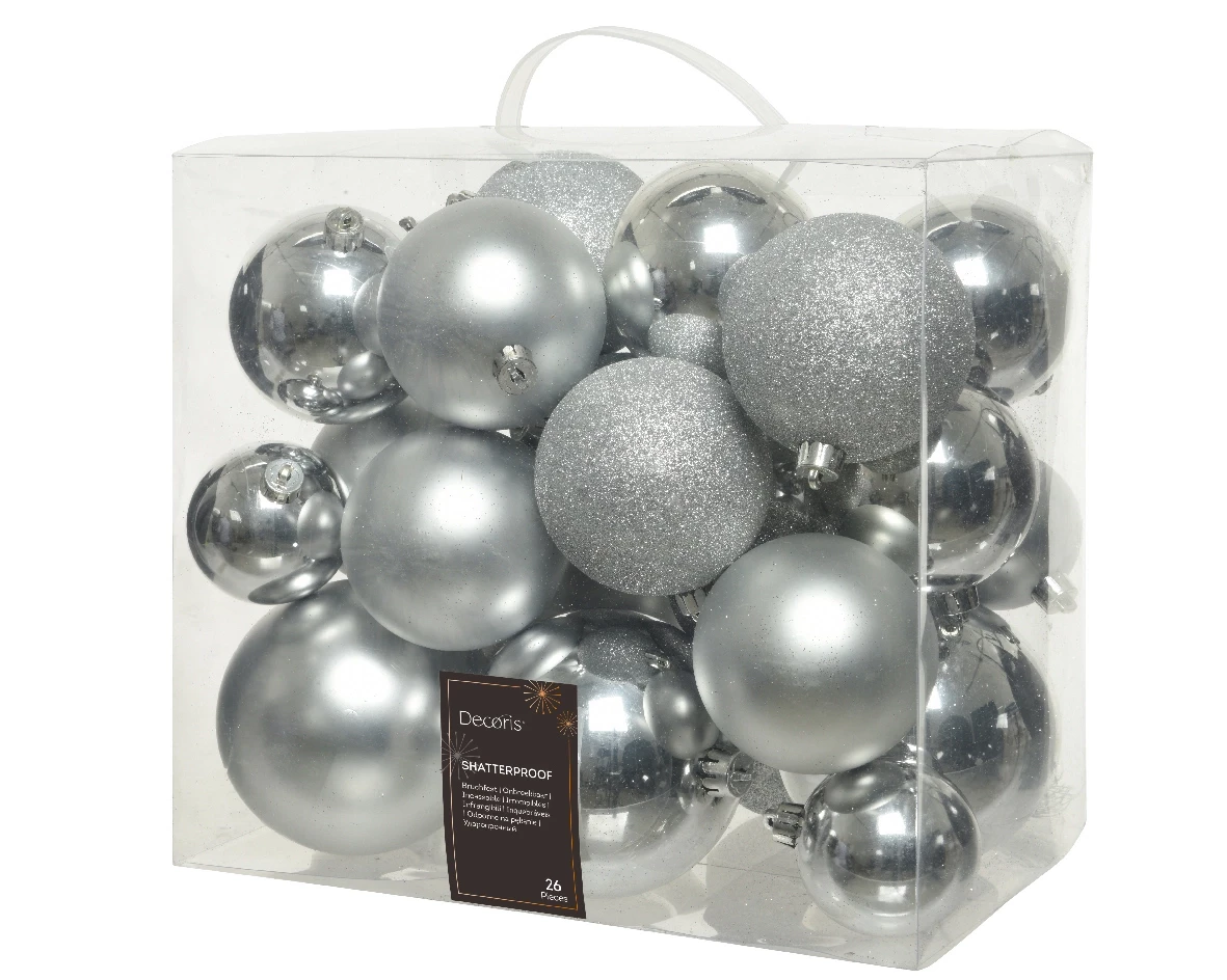 Decoris kerstballen set Plastic 26st zilver 6-8-10cm