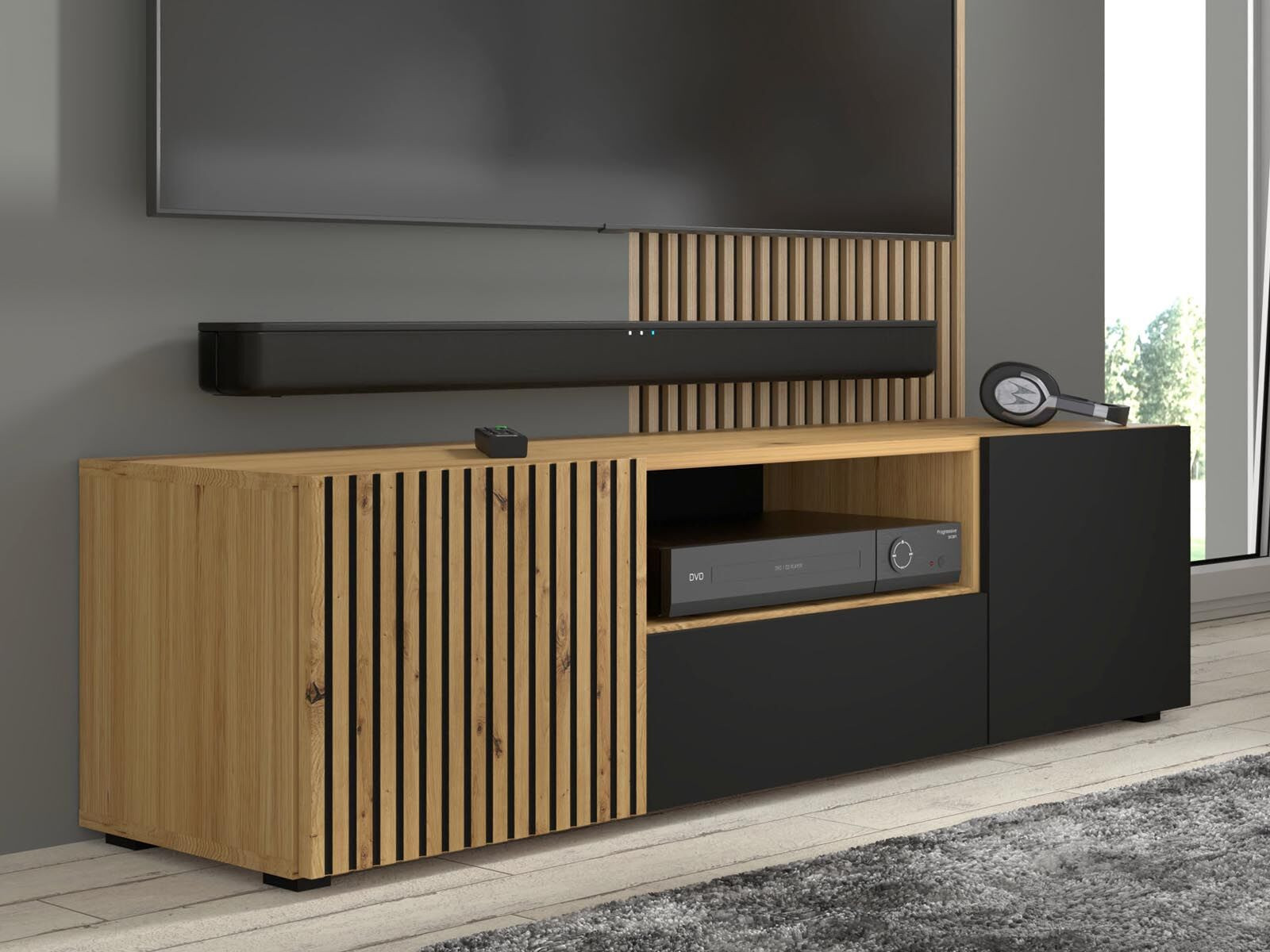 Tv-meubel ORISA 3 deuren 150 cm artisan eik/zwart