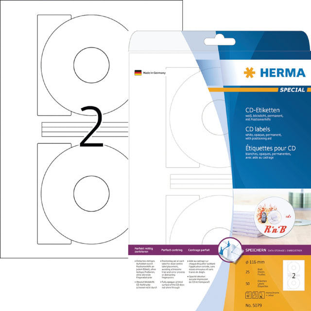 Etiket HERMA 5079 CD 116mm wit opaqua 50stuks